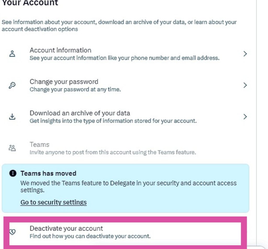 لقطة شاشة TweetDelete لصفحة "حسابك" مع تمييز خيار "إلغاء تنشيط حسابك".