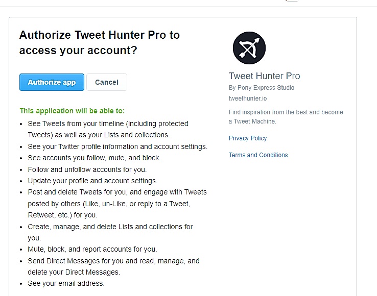 لقطة شاشة TweetDelete لصفحة تفويض Tweet Hunter.