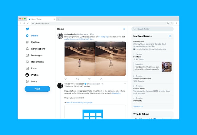 لقطة شاشة لموقع Twitter على سطح المكتب تعرض قائمة الخيارات والخط الزمني للصفحة الرئيسية وقسم الهاشتاج الشائع.