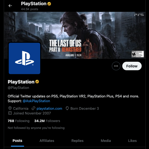 لقطة شاشة TweetDelete لصفحة Twitter الرسمية ل PlayStation.