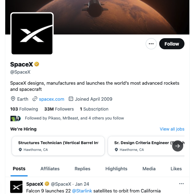 لقطة شاشة TweetDelete لصفحة الملف الشخصي ل SpaceX بلون الخلفية الافتراضي ، أي الأبيض.