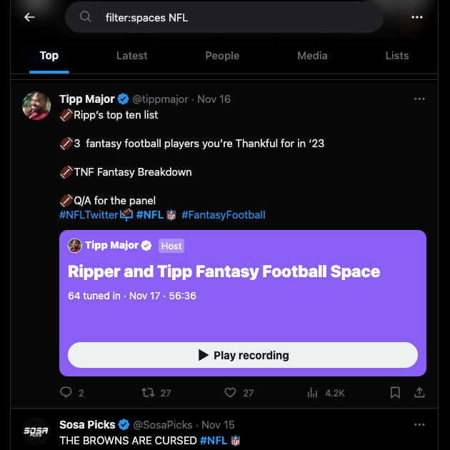 لقطة شاشة TweetDelete لشخص يستخدم كلمات X الرئيسية في بحث Twitter للعثور على صفحة X Spaces محددة.