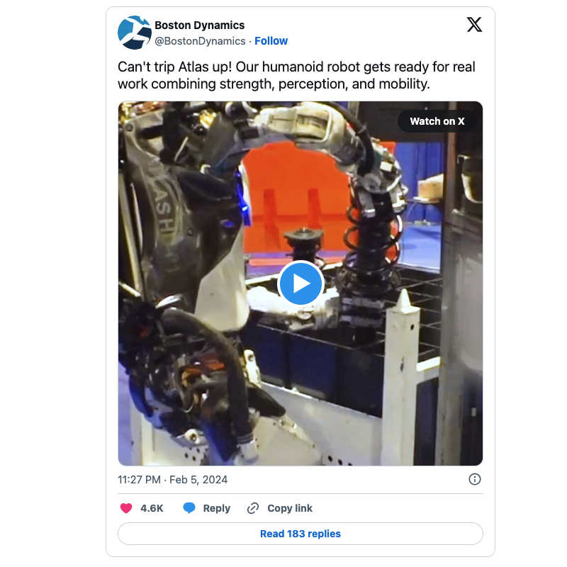 لقطة شاشة TweetDelete لمنشور على Twitter مع فيديو من حساب Boston Dynamics على X.
