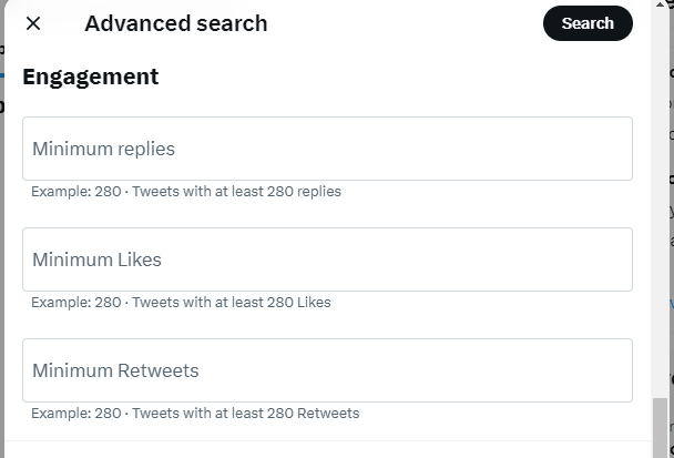 TweetDelete-Screenshot des Bereichs "Engagement" auf der Seite "Erweiterte Suche".