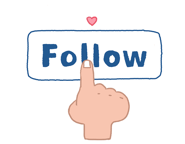 Eine Illustration einer Hand, die eine blaue Follow-Taste drückt, auf der das Wort "Follow" steht.