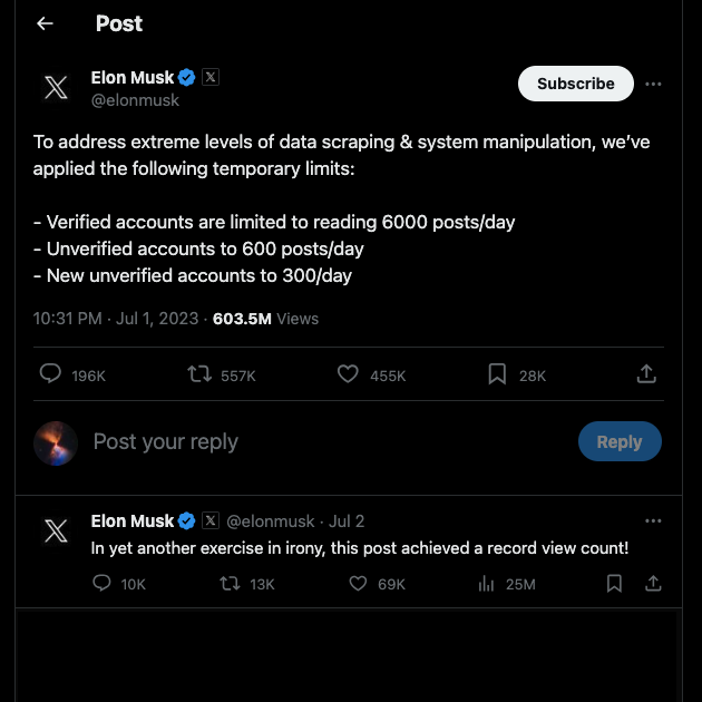 Ein Screenshot von TweetDelete über Elon Musk, der die Nutzer über die Lesegrenzen des X informiert.