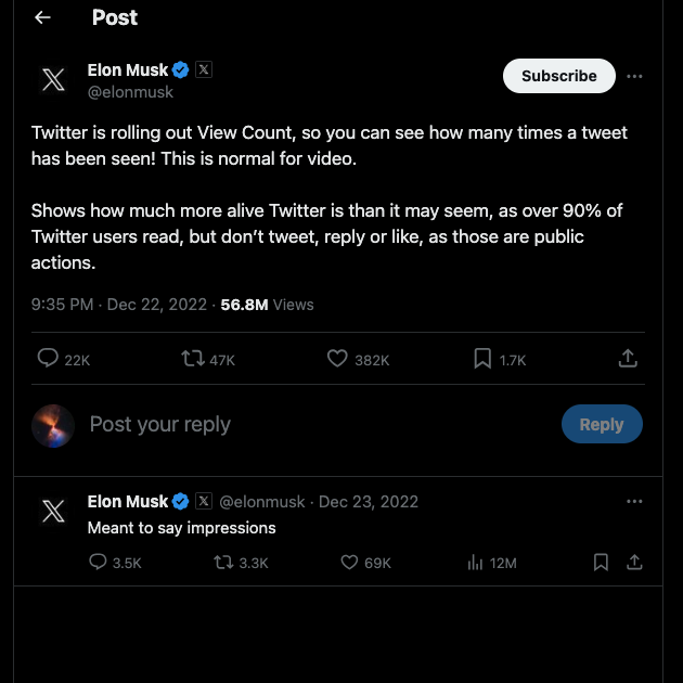 TweetDelete's Screenshot eines Posts von Elon Musk über die Einführung der View-Count-Funktion durch X.
