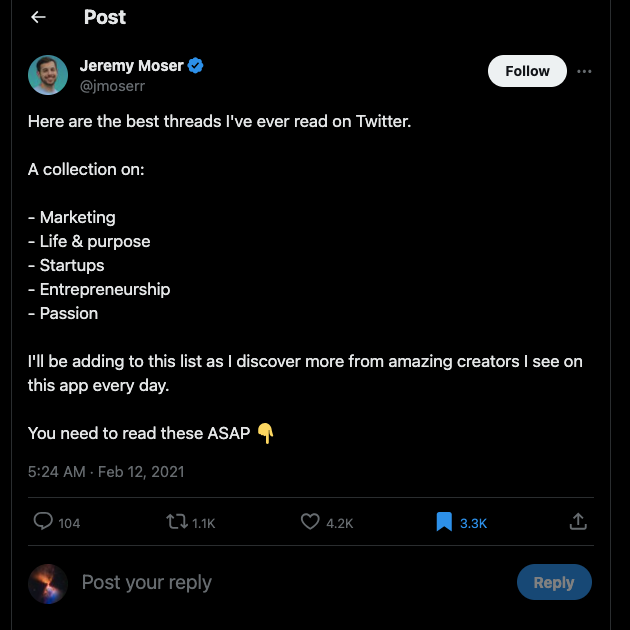 TweetDelete's Screenshot des Beitrags von Jeremy Moser über seine Liste der besten Threads auf X.