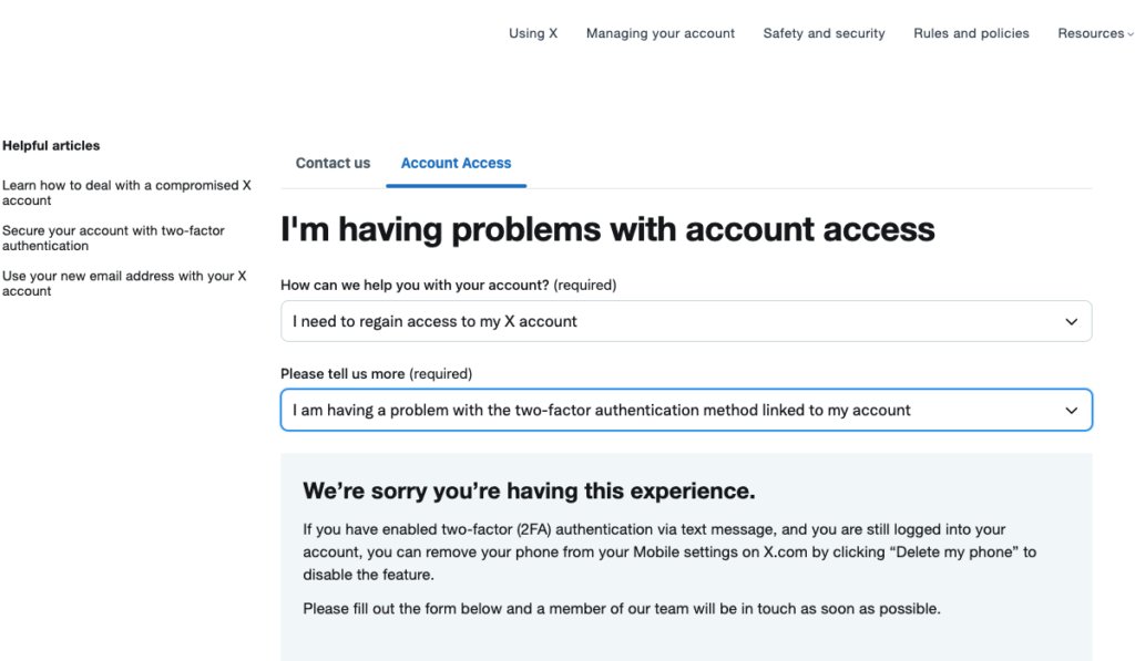TweetDelete's Screenshot des X-Supportformulars zur Behebung von Problemen mit der Zwei-Faktor-Authentifizierung.
