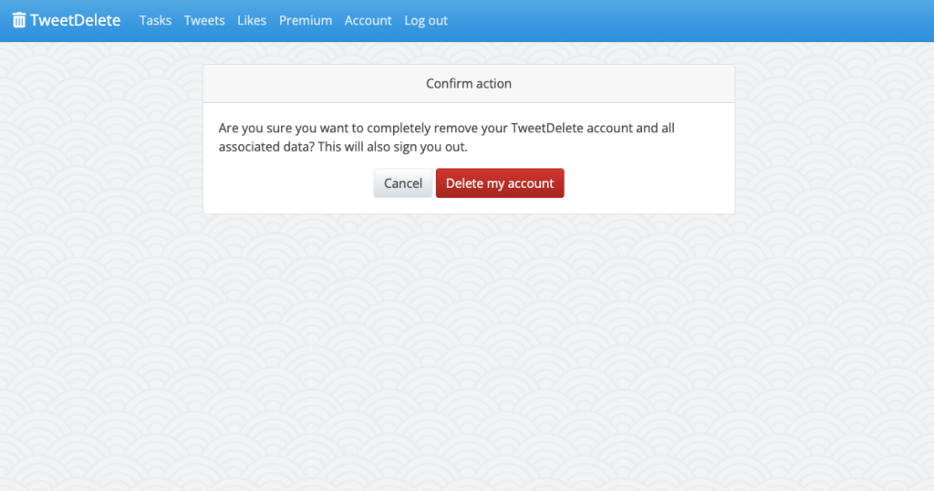 Screenshot der Datenschutzseite von TweetDelete zur dauerhaften Löschung des Kontos eines Nutzers und der damit verbundenen Daten.