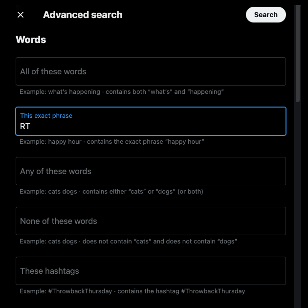 TweetDelete-Screenshot der erweiterten Suchfunktion von Twitter.