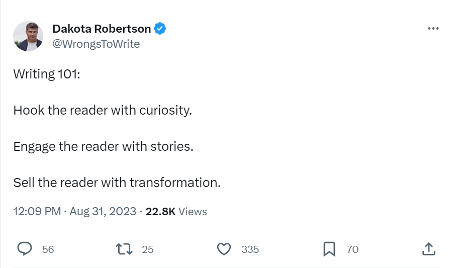 Captura de pantalla de TweetDelete del tuit de Dakota Robertson con una cita motivadora sobre la escritura.