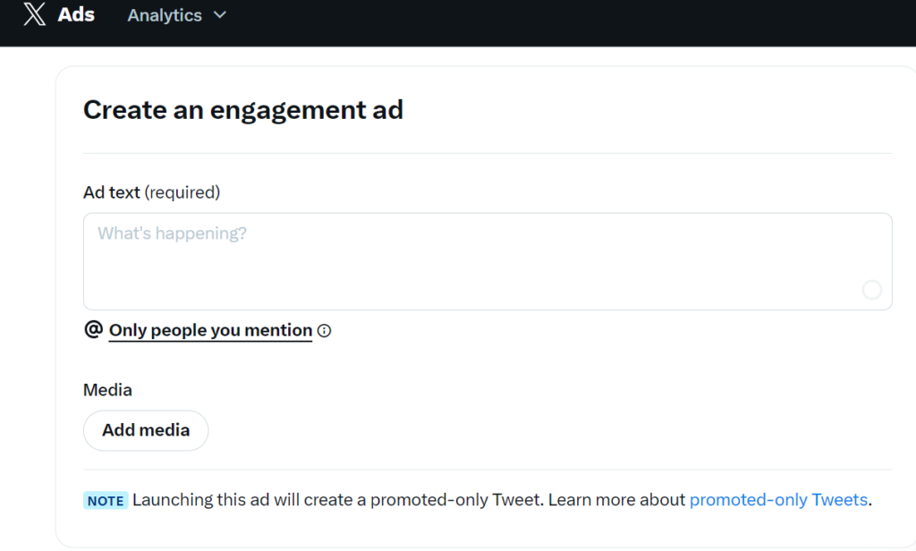 Captura de pantalla de TweetDelete del formulario de configuración de anuncios de compromiso de Twitter.