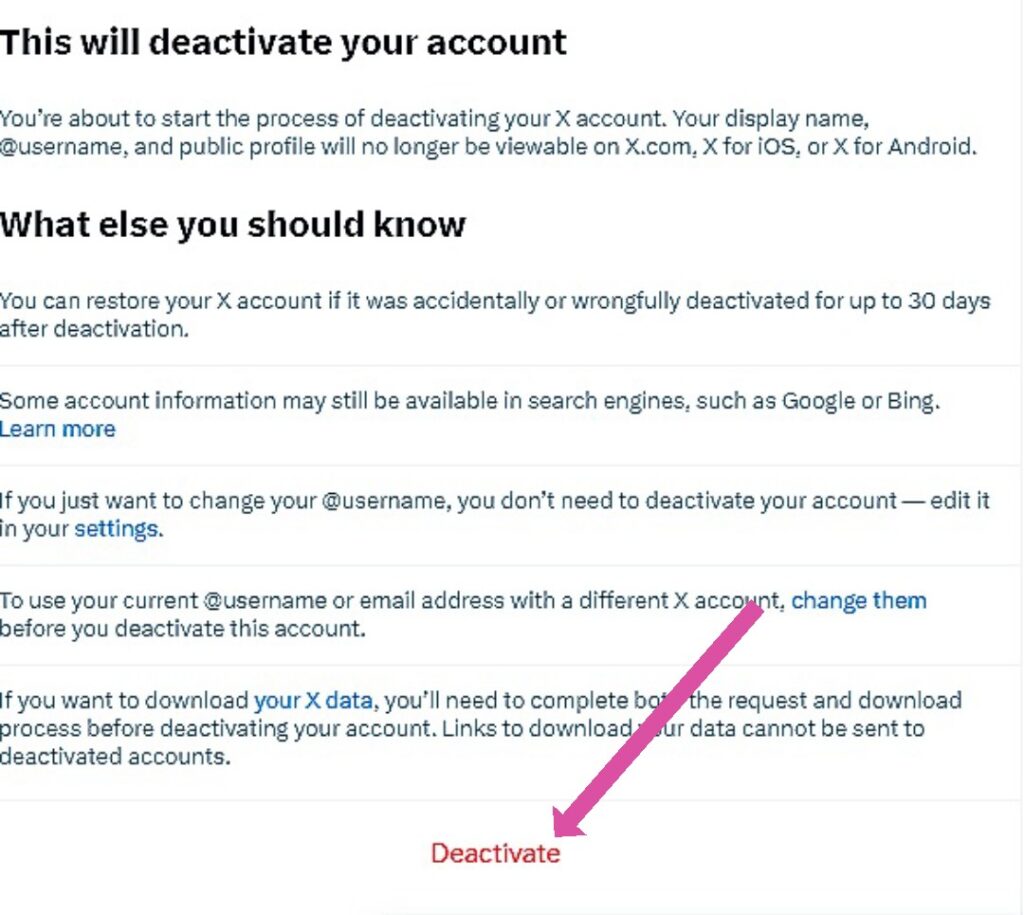 Captura de pantalla de TweetDelete de la página de desactivación con una flecha apuntando al botón rojo de desactivación.