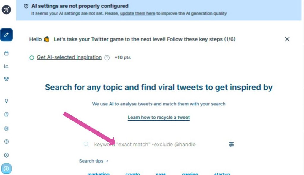 Captura de pantalla de TweetDelete de la página de búsqueda de Tweet Hunter con una flecha indicando el cuadro de búsqueda.