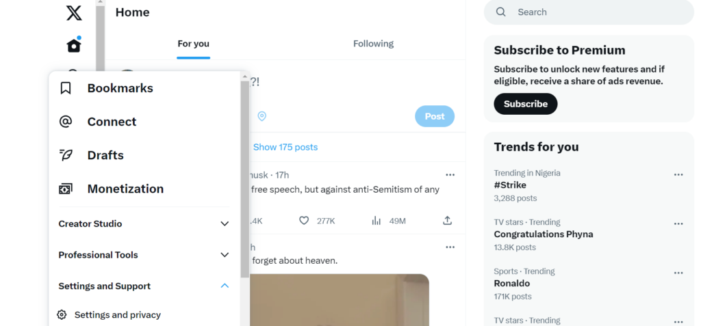 Captura de pantalla de TweetDelete de configuración y soporte en la barra de menú lateral del sitio web de Twitter.