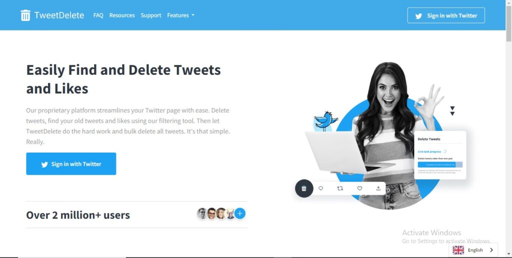 Captura de pantalla de la página de inicio de TweetDelete en el sitio web de escritorio de TweetDelete.