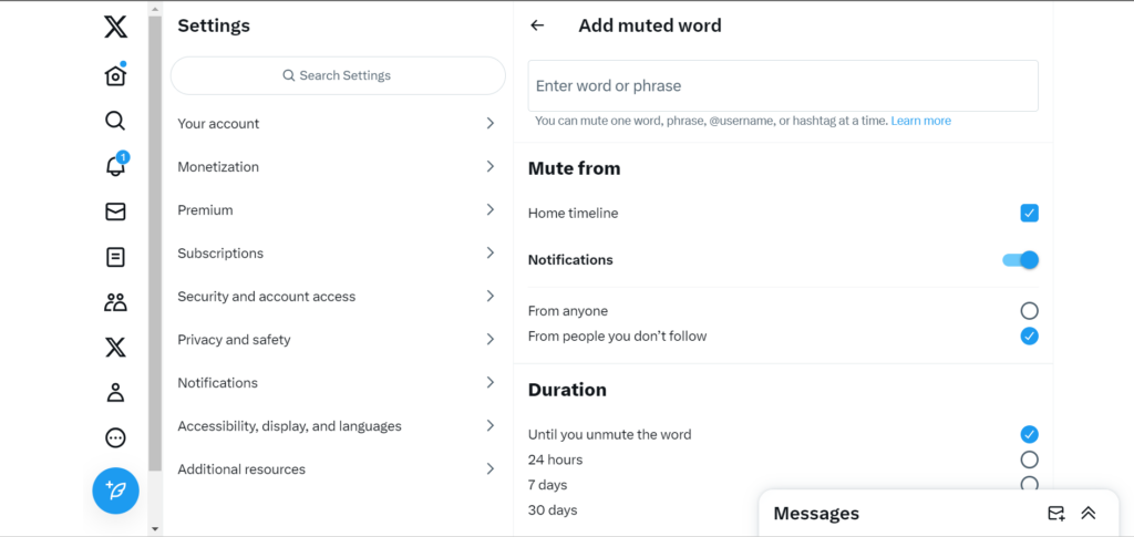 Captura de pantalla de TweetDelete de la página de configuración de Twitter para silenciar palabras en una cuenta.
