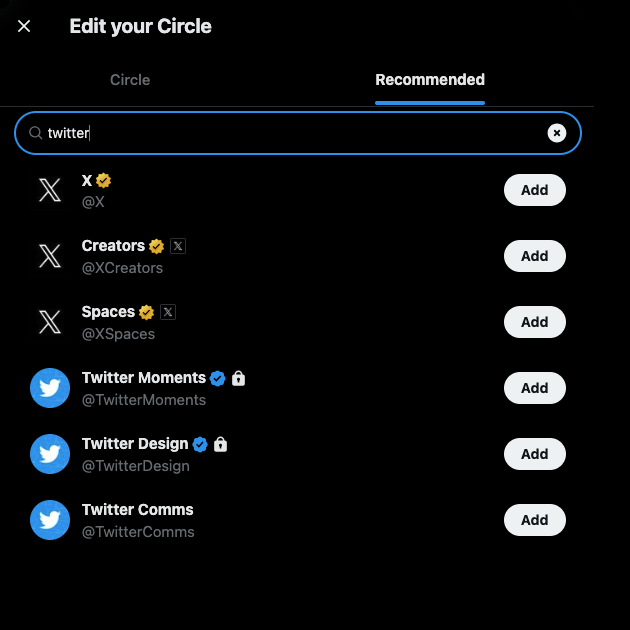Captura de pantalla de TweetDelete de un usuario X editando su Twitter Circle en un navegador de escritorio.