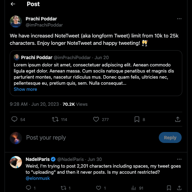 Una captura de pantalla de TweetDelete sobre un ingeniero de X informando a la gente sobre el aumento del límite de caracteres.