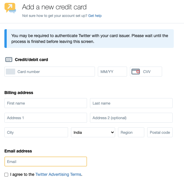 Captura de pantalla de TweetDelete del panel de control de X Ads para añadir un nuevo método de pago. 
