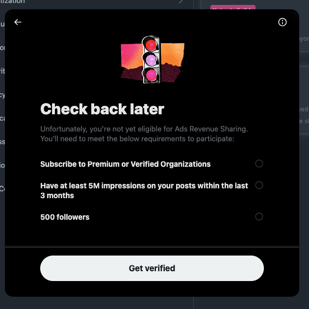 Captura de pantalla de TweetDelete de los requisitos de elegibilidad de X, antes Twitter, para el programa Ads Revenue Sharing.

