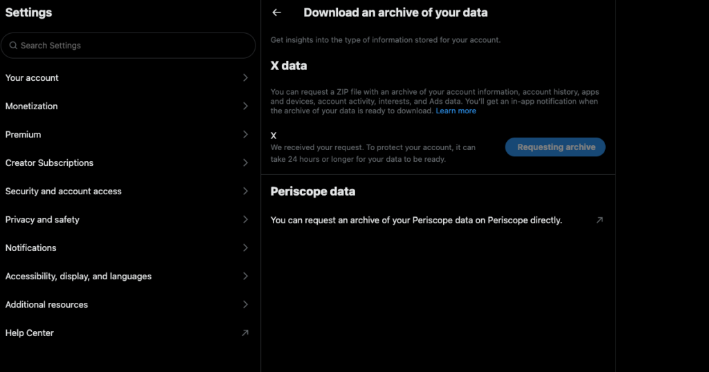 Captura de pantalla de TweetDelete de la página de configuración de X para descargar el archivo X Data.
