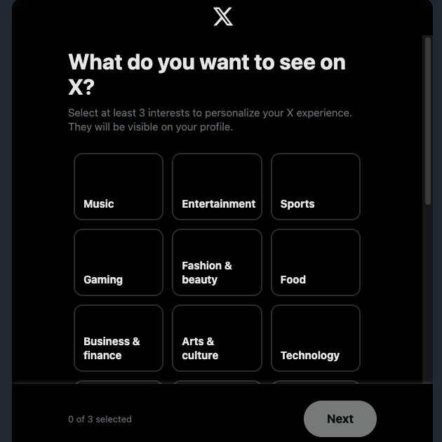 Captura de pantalla de TweetDelete en la que Twitter pregunta a un usuario sobre qué temas quiere seguir mientras crea su cuenta.