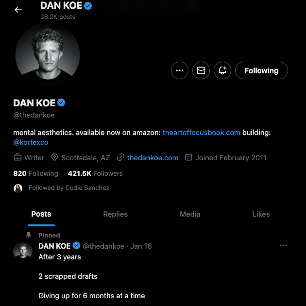Captura de pantalla de TweetDelete del perfil de Twitter de Dan Koe.
