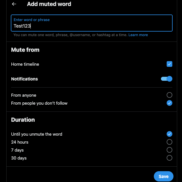 Captura de pantalla de TweetDelete de la página de configuración de Twitter para añadir palabras a la lista de silenciados de un usuario.
