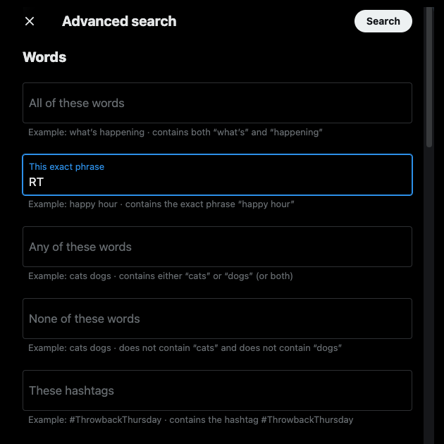 Captura de pantalla de TweetDelete de la utilidad de búsqueda avanzada de Twitter.
