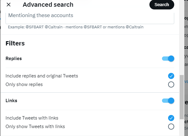 Capture d'écran de TweetDelete de la section des filtres de la page de recherche avancée.