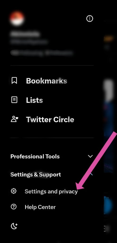 Capture d'écran de TweetDelete d'une flèche pointant vers l'option "Paramètres et vie privée" dans le menu du profil.