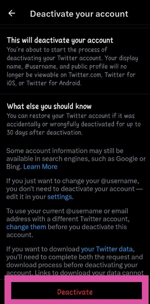 Capture d'écran de TweetDelete de la page de désactivation de l'application mobile.