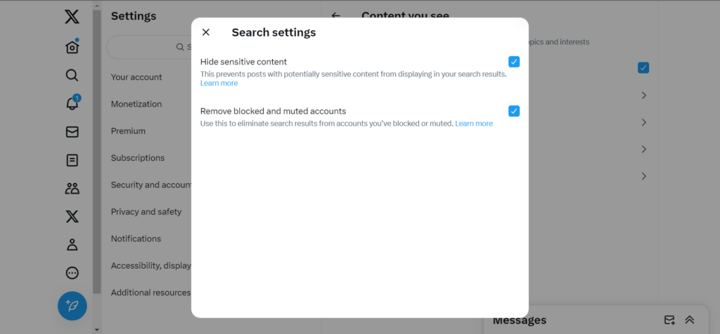 Capture d'écran de TweetDelete des paramètres de recherche d'un compte activant la recherche sécurisée. 