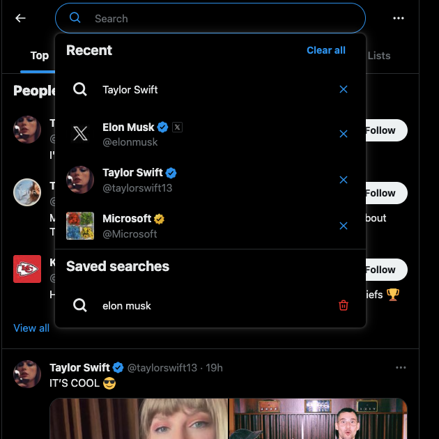 Capture d'écran réalisée par TweetDelete d'une personne enregistrant divers mots-clés de recherche sur X.