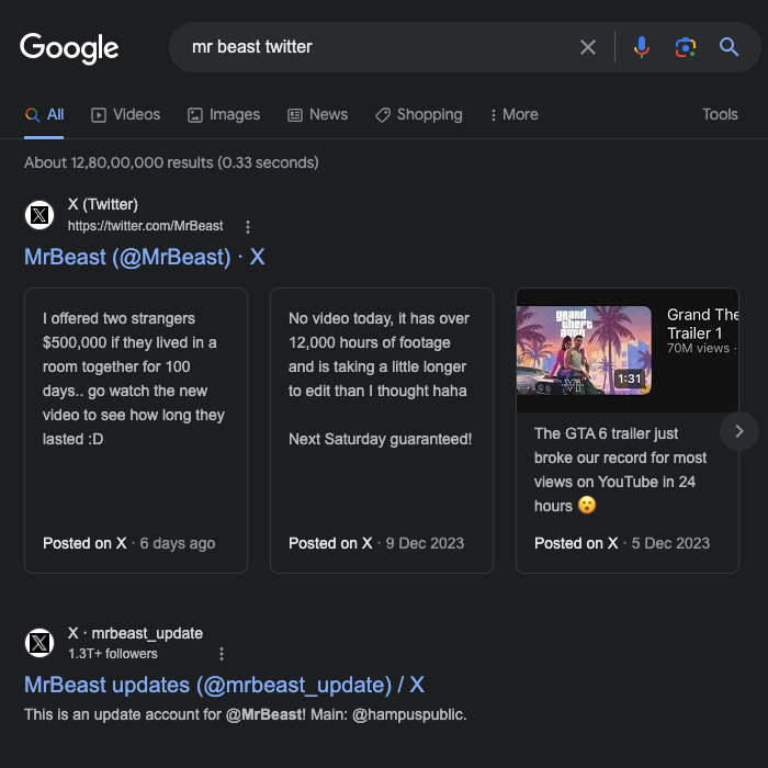Capture d'écran réalisée par TweetDelete d'une personne utilisant Google Search pour trouver le profil Twitter de MrBeast.