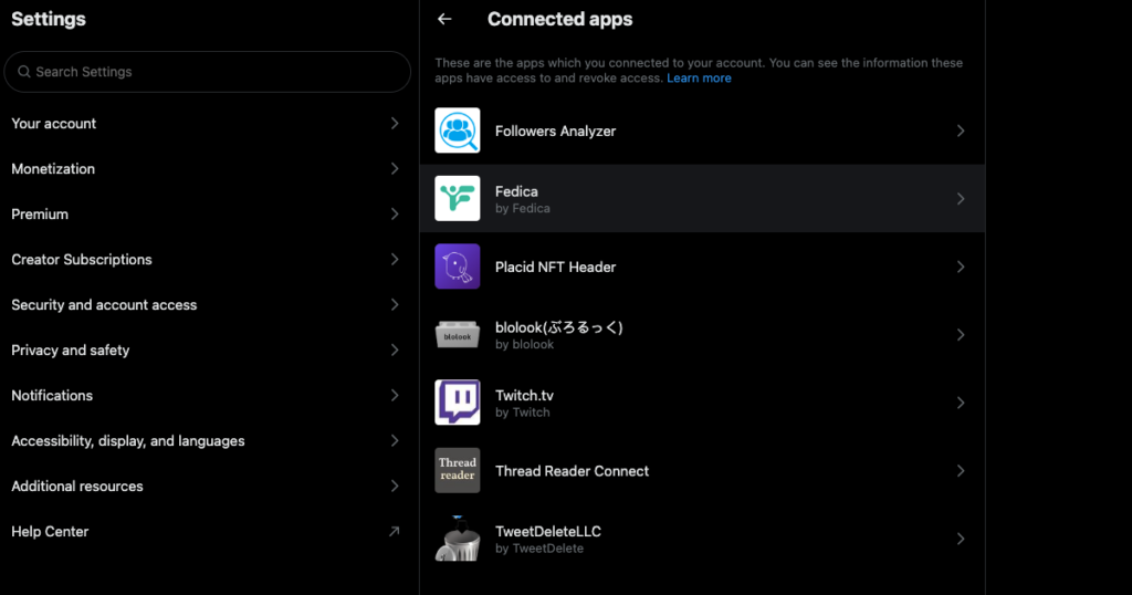 Capture d'écran de TweetDelete du dossier Connected Apps d'un utilisateur de Twitter.
