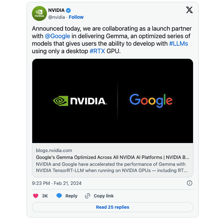 Capture d'écran de TweetDelete du compte de NVIDIA utilisant Twitter pour annoncer sa collaboration avec Google.
