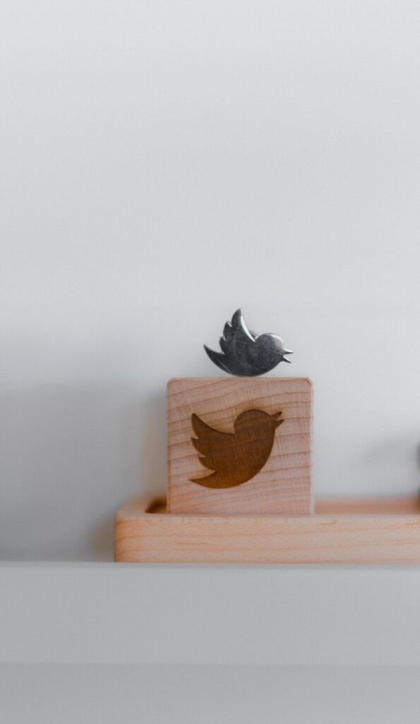 Balok kayu dengan ukiran ikon Twitter dan logo Twitter berwarna abu-abu di atasnya.
