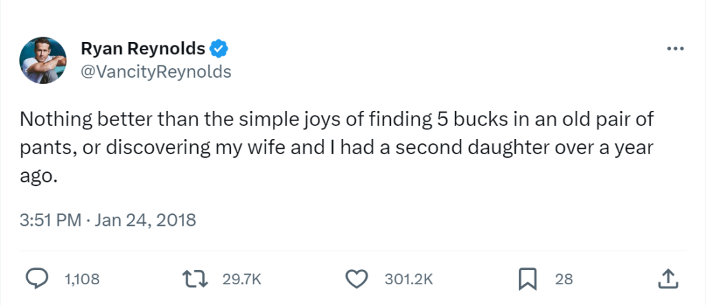 Tangkapan layar TweetDelete dari tweet Ryan Reynold yang menampilkan kutipan motivasi tentang menjadi ayah.