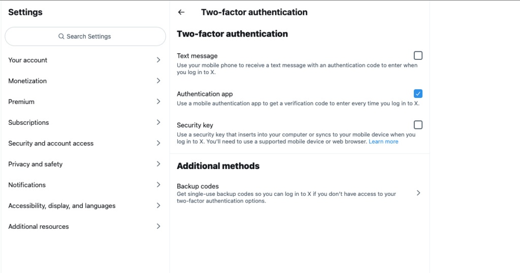 Tangkapan layar TweetDelete dari halaman pengaturan pada X untuk menonaktifkan dua faktor.