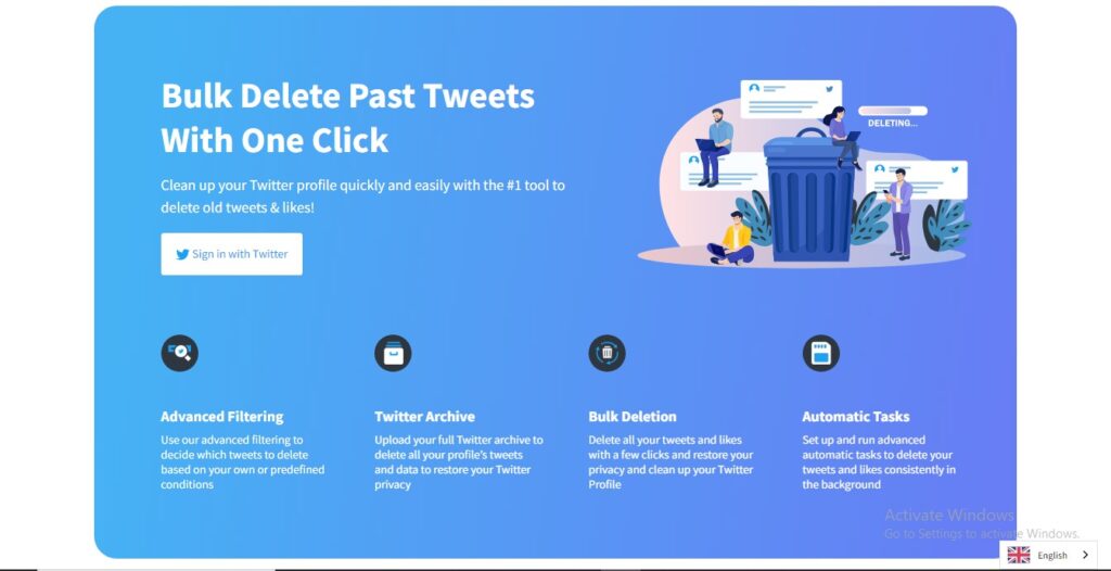 Tangkapan layar situs web TweetDelete dari TweetEraser di browser desktop.