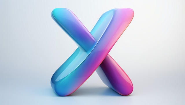 Ilustrasi 3D logo X berwarna biru dan merah muda dengan latar belakang abu-abu.