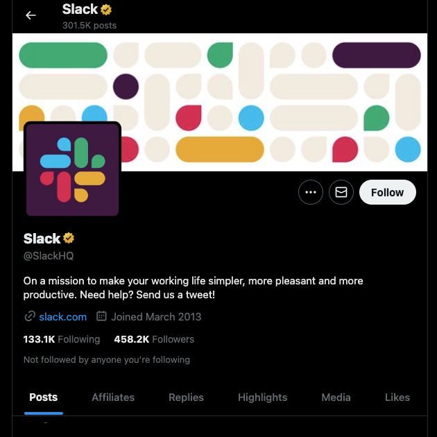 Tangkapan layar oleh TweetDelete dari halaman X resmi Slack yang menggunakan HQ sebagai pegangan untuk membedakan dirinya.