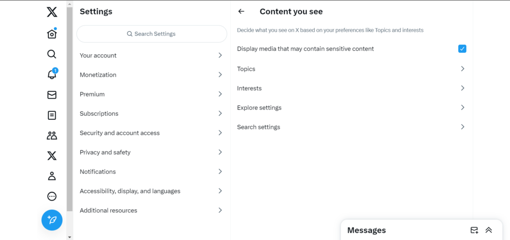 Tangkapan layar TweetDelete dari halaman pengaturan konten sensitif Twitter pada akun X. 