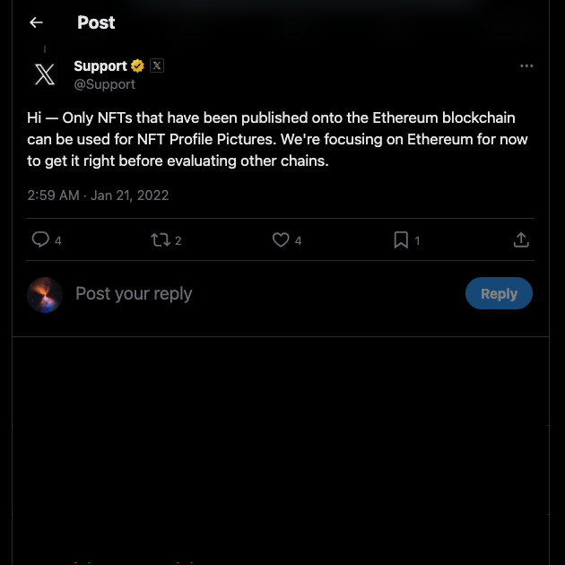 Tangkapan layar TweetDelete dari akun dukungan resmi X yang menginformasikan pengguna tentang penggunaan NFT di gambar profil.