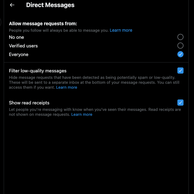 Tangkapan layar TweetDelete dari halaman pengaturan Twitter untuk mengubah filter pesan langsung.