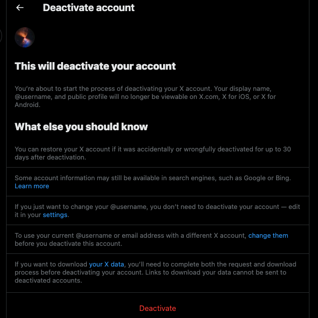 Tangkapan layar Tweet Delete dari bagian penonaktifan pengguna di X.