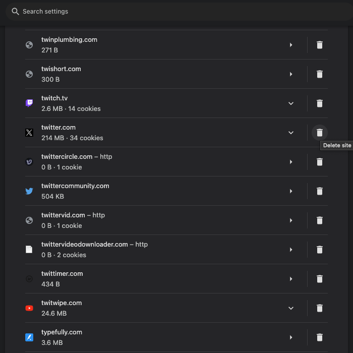 Tangkapan layar TweetDelete dari halaman pengaturan Google Chrome untuk menghapus kuki situs web.